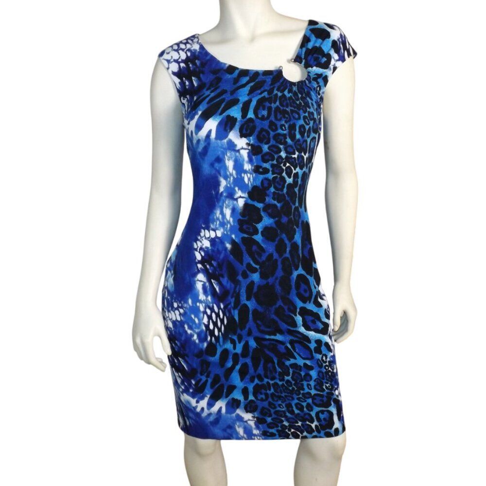 CACHE Dress, 6, Blue Leopard, Bodycon/Stretch, Drop shoulder, Colorful, Ring